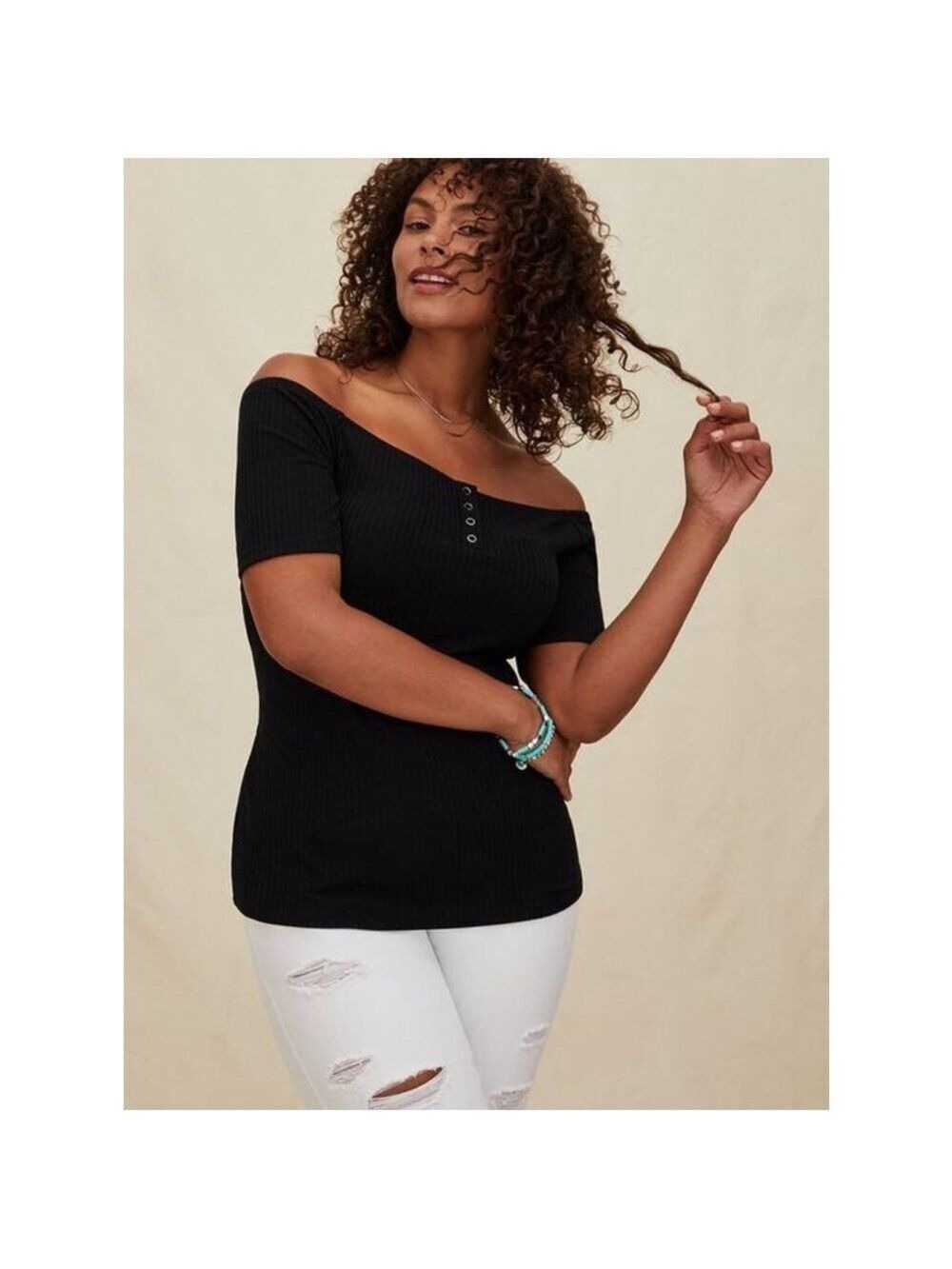 Women's Torrid Black Ribbed Off-Shoulder Short Sleeve Tee Plus 2X